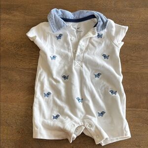 White Baby Romper with Blue Dog Print